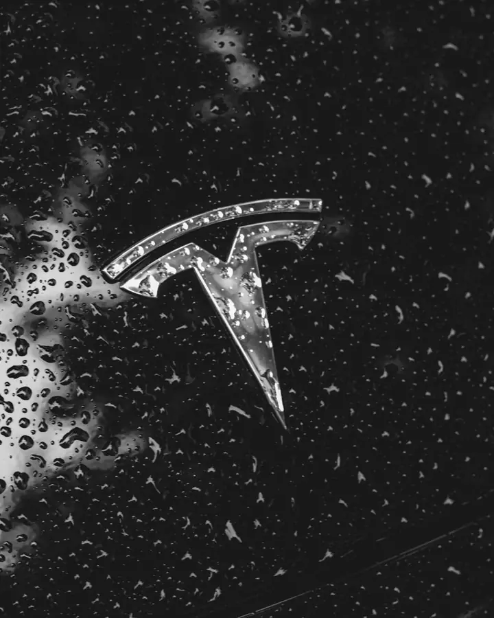 Chrome Tesla badge in the rain